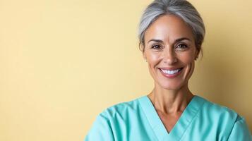 smiling nurse in scrubs against yellow background radiates warmth and care photo