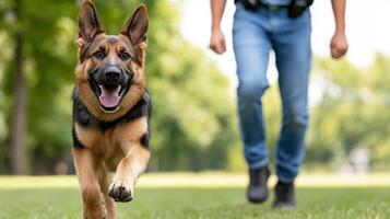 police dog running happily during training exercise with its handler photo