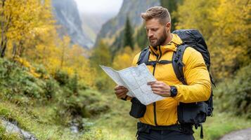 man in yellow jacket examines map while hiking in nature photo
