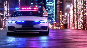 police car with flashing lights parked in city at night, creating vibrant atmosphere photo