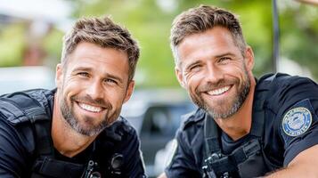 Police officers smiling and enjoying light moment together outdoors photo