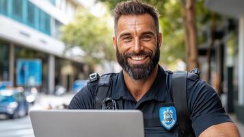 Police officer smiling while using laptop outdoors in city setting photo