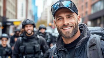 Police team in tactical gear smiling and preparing for mission in city photo