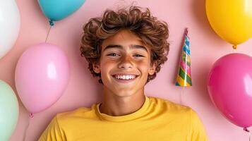 Cheerful teen with curly hair smiling against colorful background photo