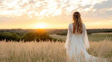 pregnant woman in flowing gown stands in field at sunset, radiating serenity photo