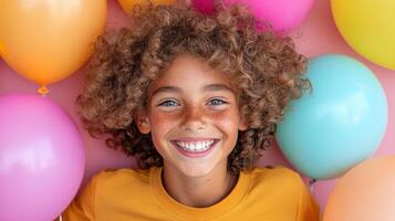 Joyful teen with curly hair and colorful balloons in background photo