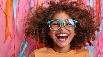 Teen with playful grin and colorful streamers in background, joyful expression photo