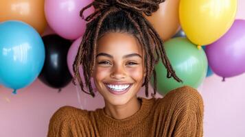 Playful teen girl smiling with colorful balloons in background photo
