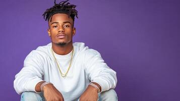 young man with serious expression sitting against purple background photo