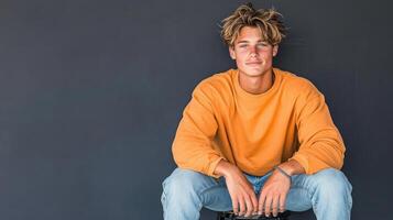 young man with serious expression sitting on stool against dark wall photo
