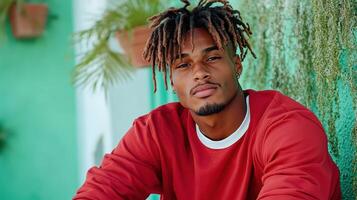 young man with dreadlocks wearing red sweatshirt, sitting thoughtfully against green wall photo