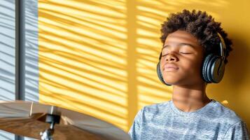 Teen with headphones enjoying music while drumming against bright wall photo