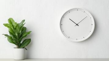 Minimalist white clock on blank wall with green plant photo