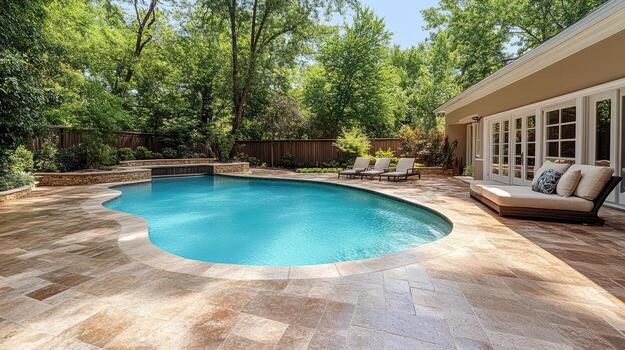 sereno patio interior con espumoso piscina rodeado por lozano verdor y patio mueble foto