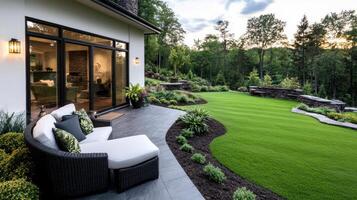 beautiful house with large bay window and lush green garden photo
