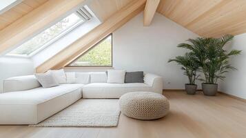 spacious attic living room with cozy sofa and plants photo