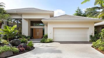 modern house with spacious garage surrounded by lush greenery and tropical plants photo