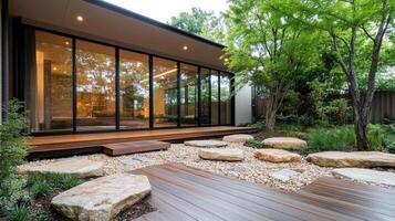 beautiful house with tranquil Zen garden featuring wooden pathways and stones photo