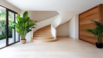 modern house interior featuring unique spiral staircase and lush plants photo