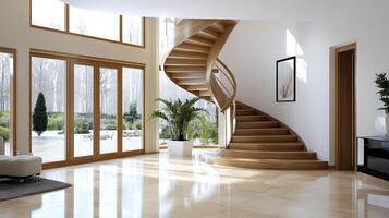 beautiful house with unique spiral staircase and large windows photo