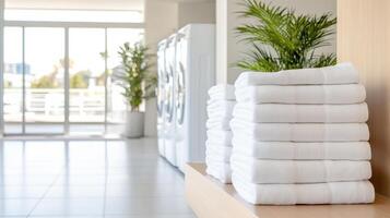 Fresh white towels stacked neatly in bright laundry room with plants photo