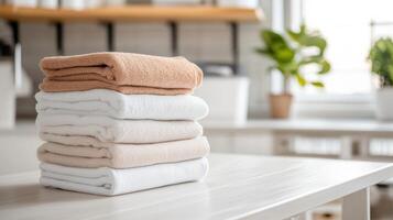 Freshly folded towels in bright laundry room create cozy atmosphere photo
