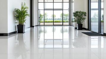 bright hallway with polished floors and potted plants creates welcoming atmosphere photo