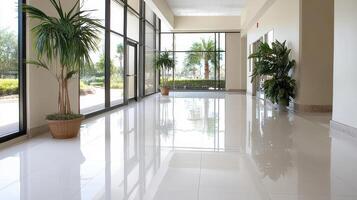 bright hallway with polished floors and indoor plants creating serene atmosphere photo