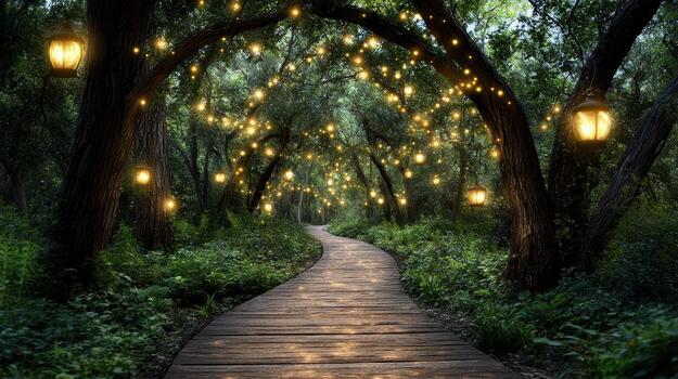 mágico bosque camino con brillante linternas y lozano verdor foto