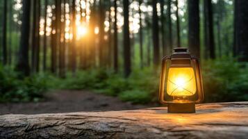 glowing lantern illuminates dark forest at sunset, creating magical atmosphere photo