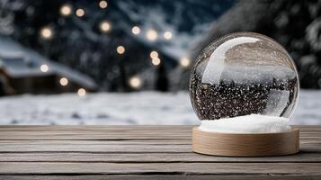 magical snow globe showcasing winter wonderland scene with snowflakes photo