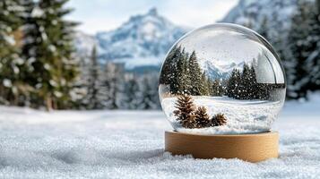 magical snow globe depicting winter wonderland with pinecones photo