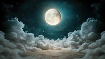magical night sky with full moon and glowing clouds creates serene atmosphere photo