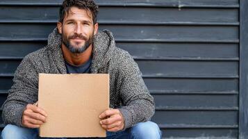 man sitting on sidewalk holding cardboard sign, looking hopeful photo