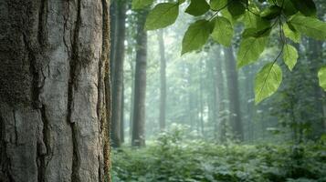 serene forest scene with tree trunk and lush green leaves photo