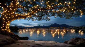 serene landscape featuring giant tree adorned with glowing lights, reflecting on calm lake photo