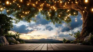 serene landscape featuring giant tree adorned with glowing lights, creating magical atmosphere photo