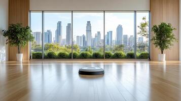 modern room with city skyline view and robotic vacuum photo