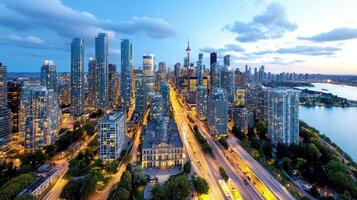 skyline city at dusk featuring historic buildings and modern architecture photo