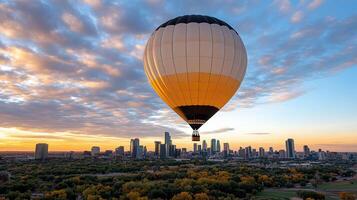 hot air balloon floats over city skyline at sunset, creating stunning view photo