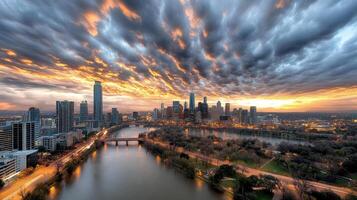 stunning skyline city at dusk with dramatic cloud formations and vibrant colors photo