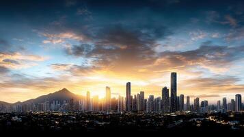 skyline city at dusk with dramatic sky and silhouette of buildings photo