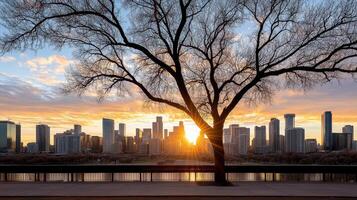 skyline city at dusk with dramatic sky and silhouetted tree photo