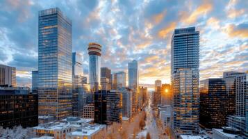 skyline city at dusk with dramatic sunset casting vibrant colors photo