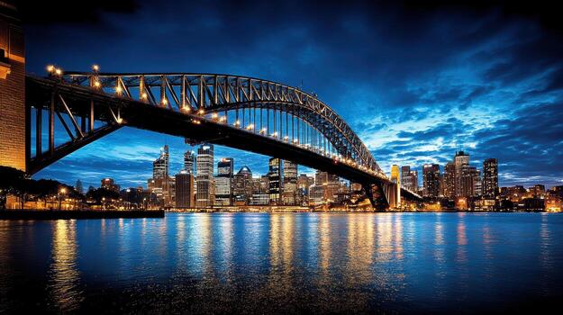 stunning skyline at dusk with bridge reflecting on water photo