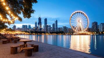 skyline city at dusk with silhouette of Ferris wheel and lights reflecting on water photo