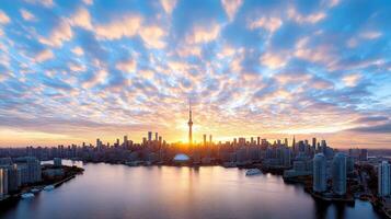 skyline city at dusk with silhouette of famous landmark and vibrant clouds photo