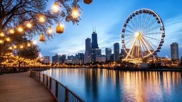 skyline city at dusk with silhouette of Ferris wheel and lights photo