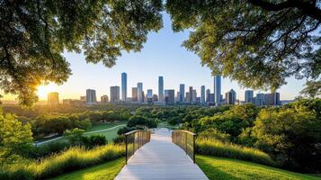 skyline view of city at sunset framed by lush greenery and trees photo