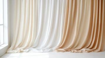Soft pastel curtains fluttering in natural light create serene atmosphere photo
